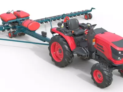 Mahindra Oja Tractor with Row Planter  Low-poly 3D model