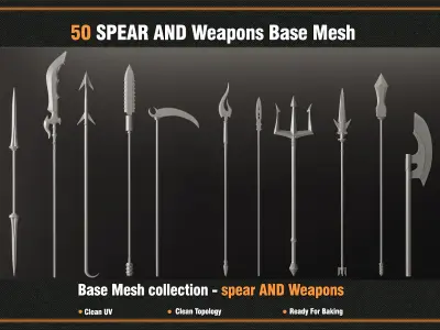 50 SPEAR AND Weapons Base Mesh - VOL 01-  Game Ready  Low-poly 3D model