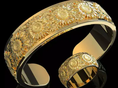 sunflower ring and cuff bracelet 3D print model