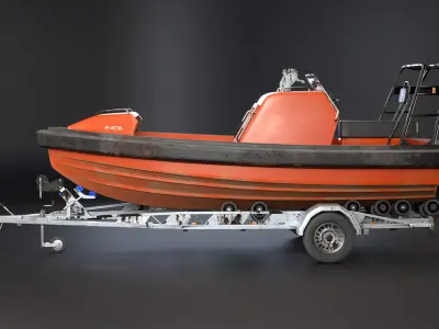 Used Boat Trailer and Rescue Motorboat 3D model