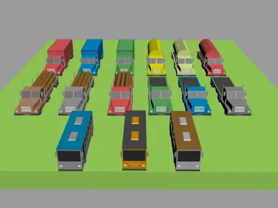 Low Poly Vehicles trucks and trailers Low-poly 3D model