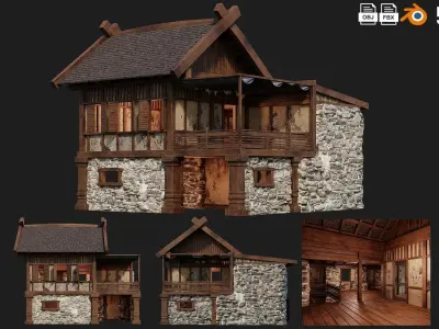 4 Old Medieval Building House Pack 4K Tex GameReady 57 to 60 Low-poly 3D model