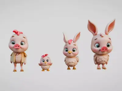 Chibi style farm animals set Low-poly 3D model