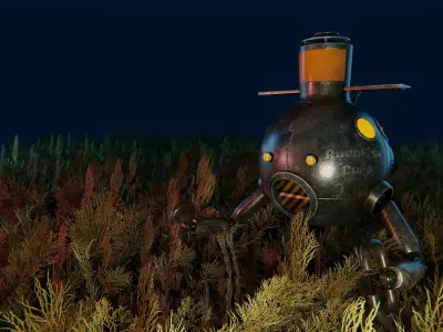 Submarine robot in tall grass at night Low-poly 3D model