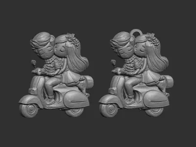 Cute Cartoon Couple Riding Scooter 3D Model 3D print model