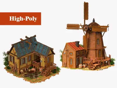 old mill with barn old farmhouse wild west high-poly 3D Model Collection