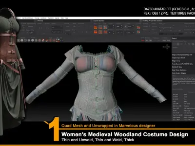 Women Medieval Woodland Costume Design - ZPRJ-FBX-OBJ Files 3D model