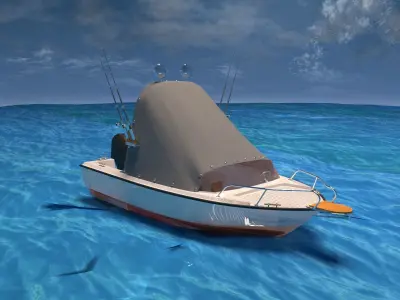a small motorboat floating on a calm 3D model