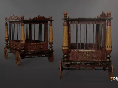 Circus Animal Cage Wagon- Medieval Circus travel Cart Low-poly 3D model