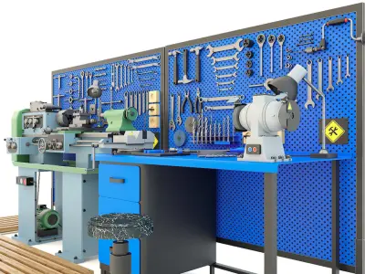 Industrial workbench garage tools and lathe machine 3D model