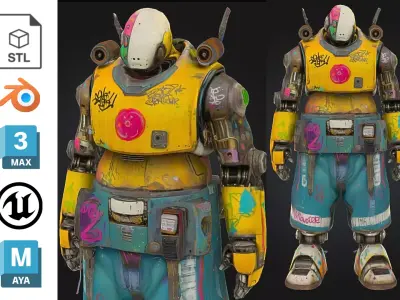 Colorful Urban Graffiti Robot Character Low-poly 3D model