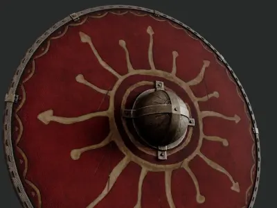 Slavic round leather shield-painted red with Sun symbol Low-poly 3D model