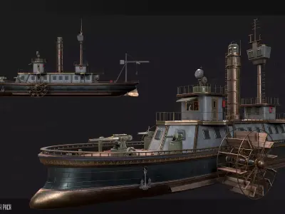 Steampunk Battleship 3D Game Ready Kitbash Textured Low-poly 3D model
