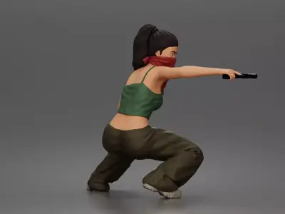 Masked woman crouches aiming pistol wearing crop pants sneakers 3D print model