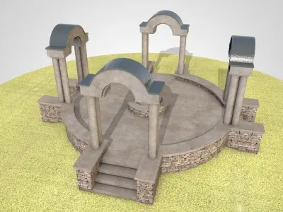 Pavilion circular stone structure on grassy field Low-poly 3D model