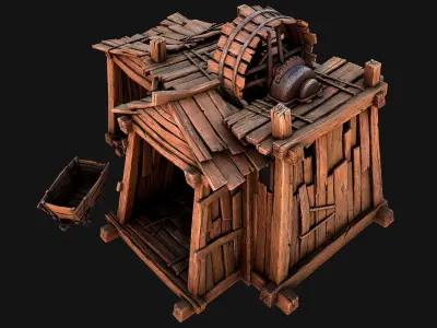Medieval Mine Steampunk and Mining Cart Low-poly 3D model