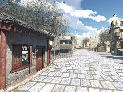 Medieval Modular Town with 13 Houses Tree and Bridge Game Ready Low-poly 3D model