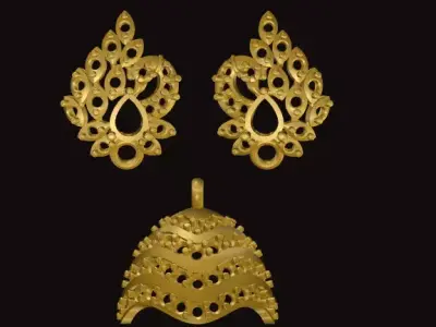 jumka pair of gold plated earrings and pendant 3D print model