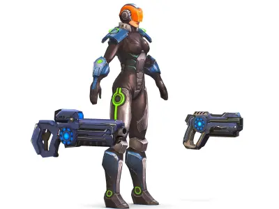 Woman Cyborg Soldier with Automatic Rifle and Pistol Low-poly 3D model