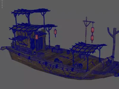 Ancient Chinese Wooden Boat Traditional River Vessel 3D model
