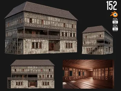 4 Old Medieval House Pack 4K Textures GameReady 149 to 152 Low-poly 3D model