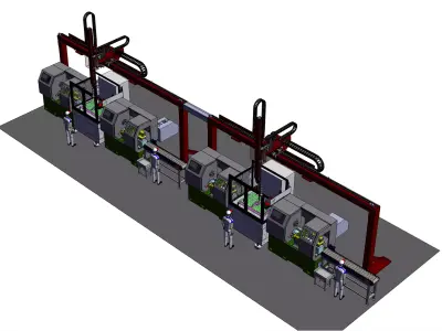 Automated loading and unloading CNC workshop using gantry robots 3D model