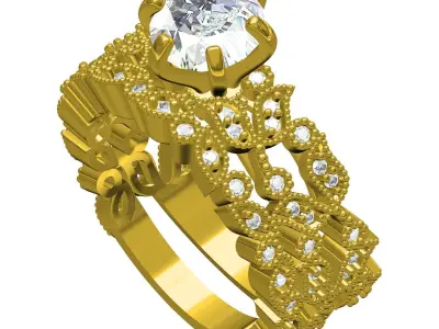 Antique Floral Design Solitaire Ring with Band 3D print model