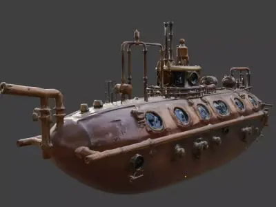 Steampunk Heavy Industrial Submarine 3D Model Low-poly 3D model