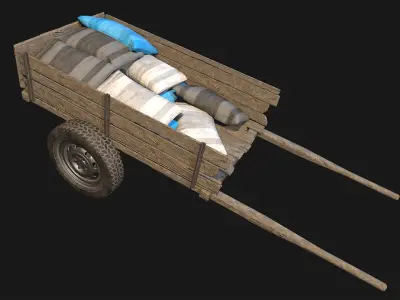 Low Poly PBR Wooden Cart with Sacks Low-poly 3D model