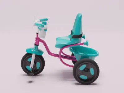 Kids toy tricycle turquoise and pink  colour S Low-poly 3D model