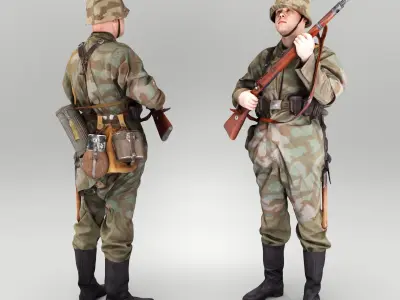 German Wehrmacht soldier with gun 436 Low-poly 3D model