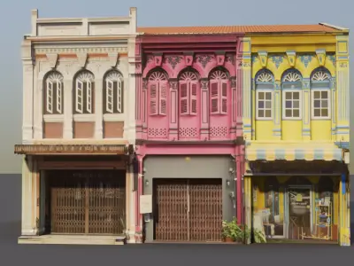 Phuket-Oldtown-5 colorful building Low-poly 3D model
