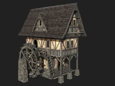  FANTASY WATERMILL MEDIEVAL BUILDING HOUSE HUT TOWN COLLECTION Low-poly 3D model
