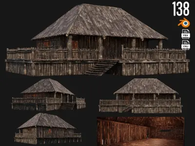 4 Old Wooden Houses Pack 4K Textures GameReady 137 to 140 Low-poly 3D model