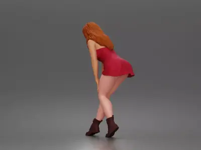 woman bending forward thoughtfully balancing in mini dress 3D print model