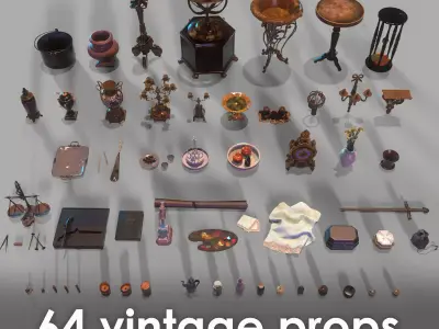 64 vintage props for home Low-poly 3D model