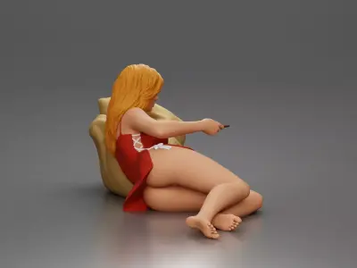 Woman lounges pillow watching holding remote wearing slip dress 3D print model