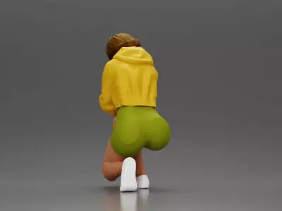 Performer crouching thoughtfully in jacket shorts white sneakers 3D print model