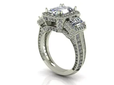 Emerald engagement ring 3 stone white gold 3D print model