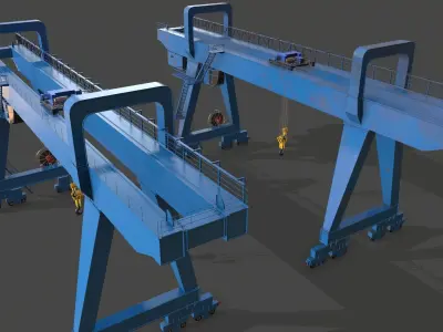 PBR Double Girder Gantry Crane V2 - Blue Light Low-poly 3D model