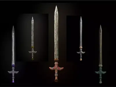 Steel sword low poly 5 texture options and high poly Low-poly 3D model