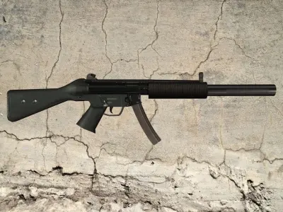 MP5-SD gun on concrete wall Low-poly 3D model