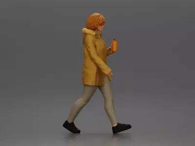 Woman walks sipping takeout drink wearing parka sweater leggings 3D print model