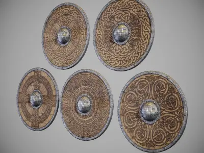 Round shield with carved nordic ornament Low-poly 3D model