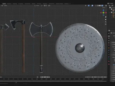 Medieval Battle Axe And Shield Low-poly 3D model