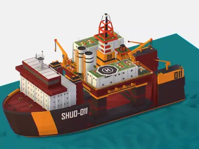 Heavy Lift Vessel with Big Oil Rig Low-poly 3D model