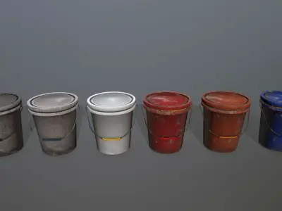 Bucket different colored buckets in row Low-poly 3D model