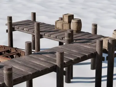 Dock set with boat barrel and crate Low-poly 3D model