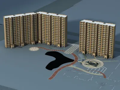 Architecture city with buildings and fountain 3D model
