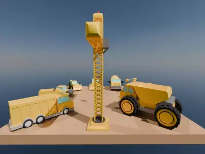 Roblox Ready Low Poly Construction Vehicles and Sign Set Low-poly 3D model